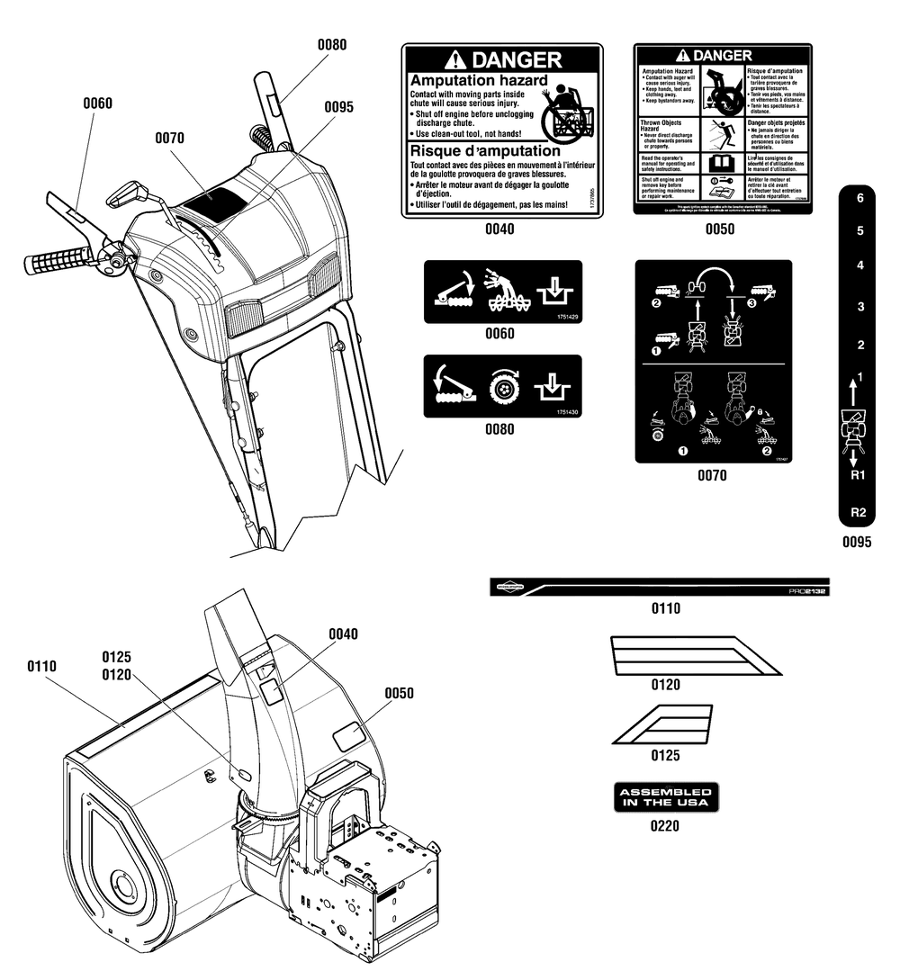 Decals Group Diagram and Parts List for 1696159-00-BP2132S 2012 Briggs and Stratton Snow Blower